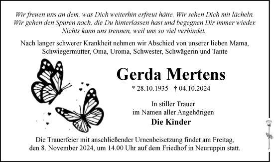 Traueranzeige von Gerda Mertens von Märkische Oderzeitung