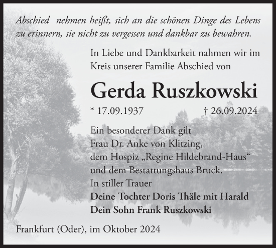 Traueranzeige von Gerda Ruszkowski von Märkische Oderzeitung