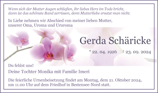 Traueranzeige von Gerda Schäricke von Märkische Oderzeitung