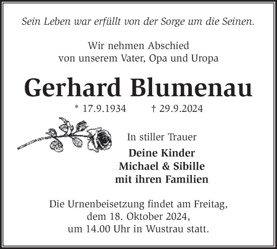 Traueranzeige von Gerhard Blumenau von Märkische Oderzeitung