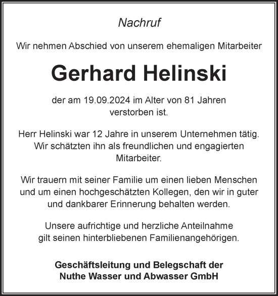 Traueranzeige von Gerhard Helinski von Märkische Oderzeitung