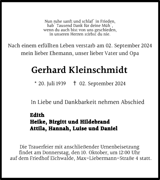 Traueranzeige von Gerhard Kleinschmidt von Märkische Oderzeitung