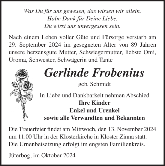 Traueranzeige von Gerlinde Frobenius von Märkische Oderzeitung