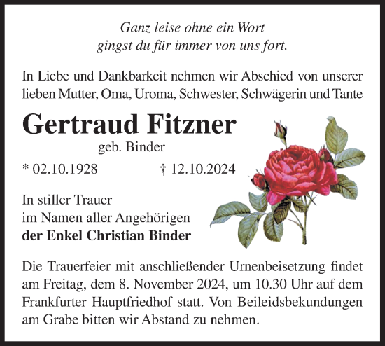 Traueranzeige von Gertraud Fitzner von Märkische Oderzeitung