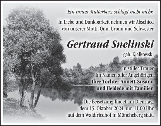 Traueranzeige von Gertraud Snelinski von Märkische Oderzeitung