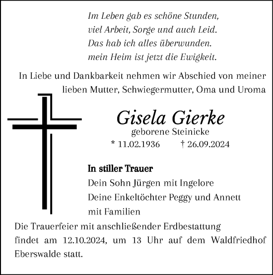 Traueranzeige von Gisela Gierke von Märkische Oderzeitung