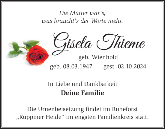 Traueranzeige von Gisela Thieme von Märkische Oderzeitung