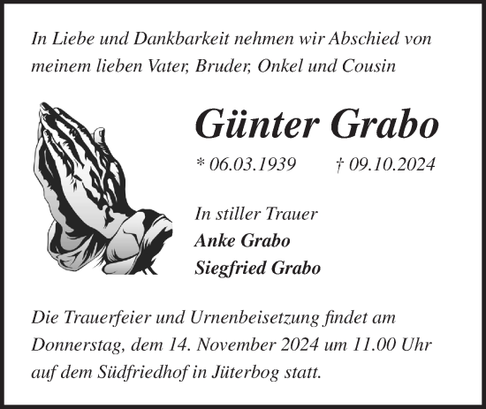 Traueranzeige von Günter Grabo von Märkische Oderzeitung