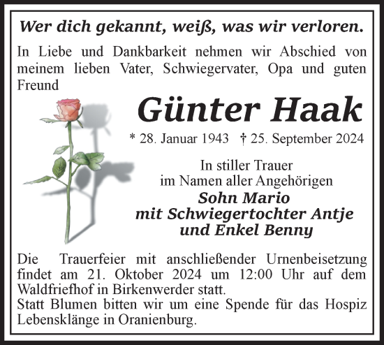 Traueranzeige von Günter Haak von Märkische Oderzeitung