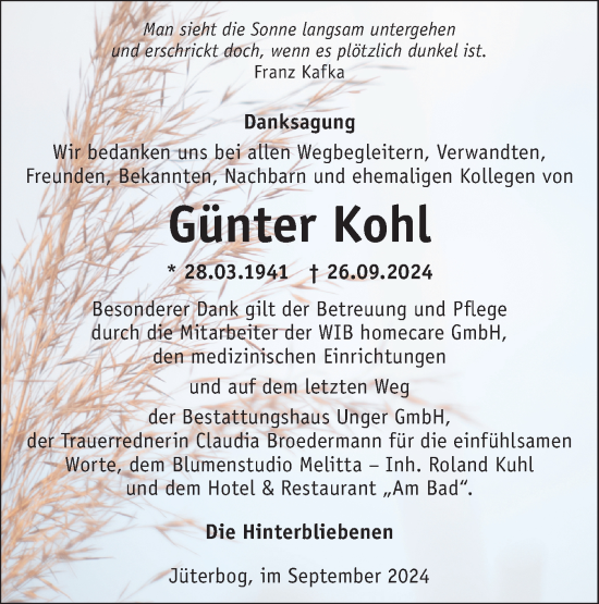 Traueranzeige von Günter Kohl von Märkische Oderzeitung