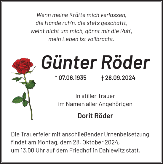 Traueranzeige von Günter Röder von Märkische Oderzeitung