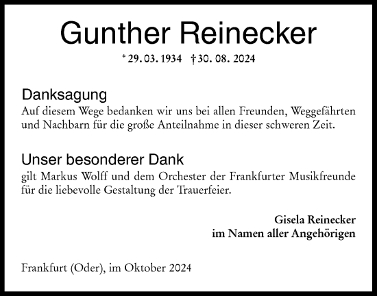 Traueranzeige von Gunther Reinecker von Märkische Oderzeitung