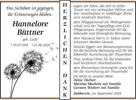 Traueranzeige von Hannelore Büttner von Märkische Oderzeitung