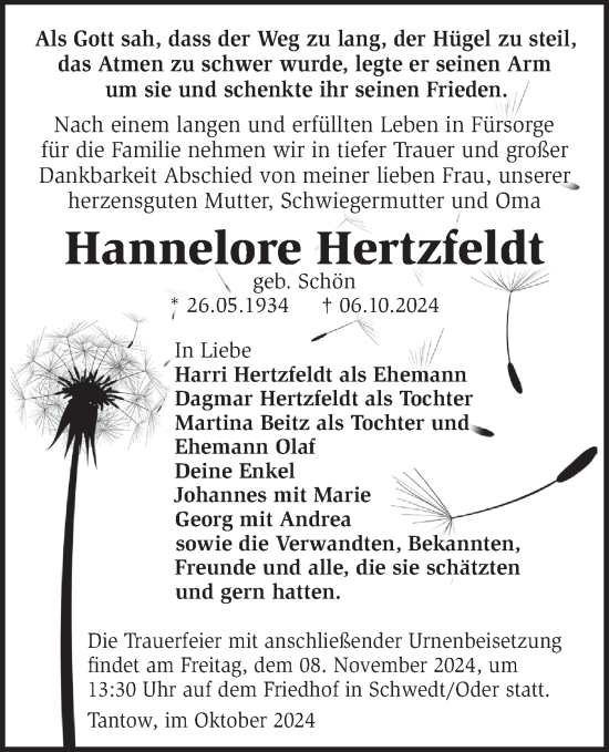 Traueranzeige von Hannelore Hertzfeldt von Märkische Oderzeitung