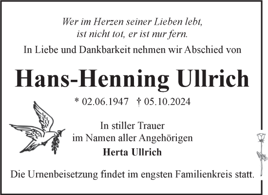 Traueranzeige von Hans-Henning Ullrich von Märkische Oderzeitung