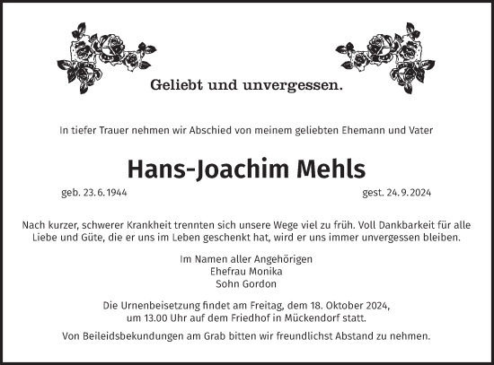 Traueranzeige von Hans-Joachim Mehls von Märkische Oderzeitung