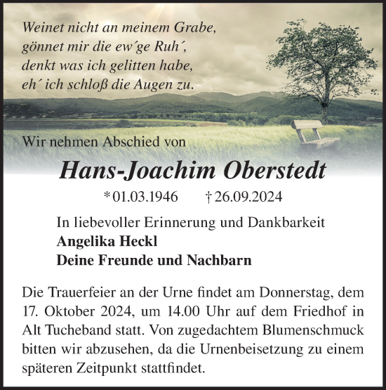 Traueranzeige von Hans-Joachim Oberstedt von Märkische Oderzeitung