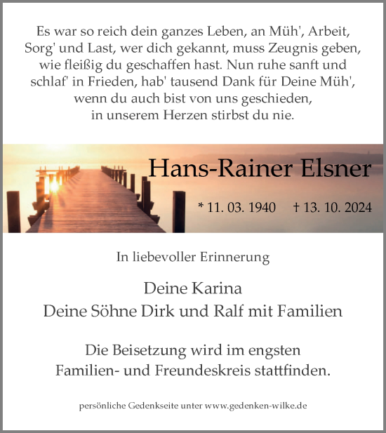 Traueranzeige von Hans-Rainer Elsner von Märkische Oderzeitung