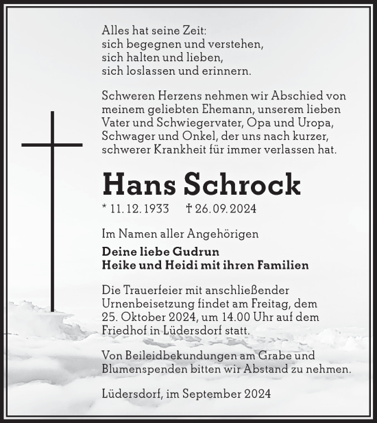 Traueranzeige von Hans Schrock von Märkische Oderzeitung