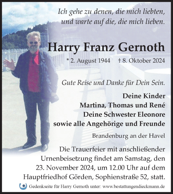 Traueranzeige von Harry Gernoth von Märkische Oderzeitung