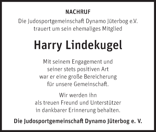 Traueranzeige von Harry Lindekugel von Märkische Oderzeitung