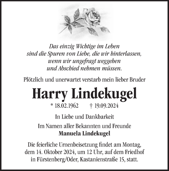 Traueranzeige von Harry Lindekugel von Märkische Oderzeitung