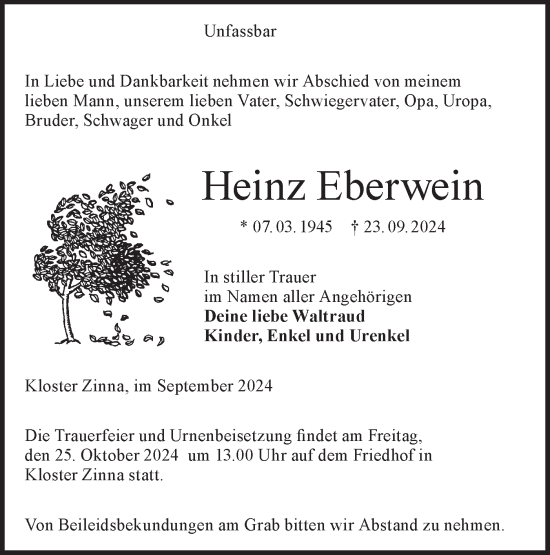 Traueranzeige von Heinz Eberwein von Märkische Oderzeitung