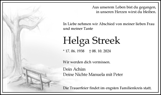 Traueranzeige von Helga Streek von Märkische Oderzeitung