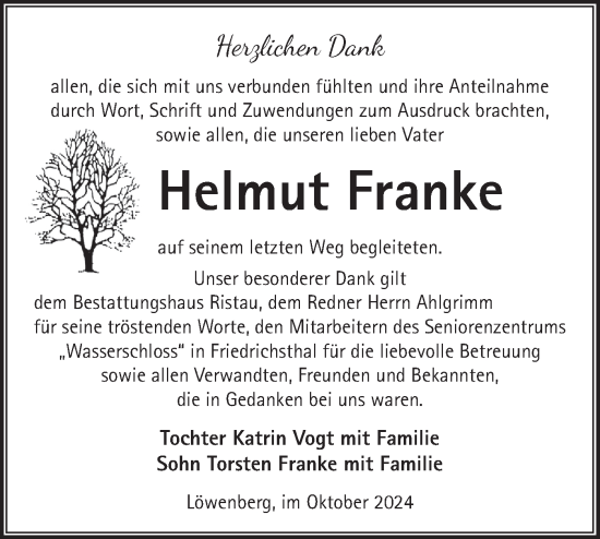 Traueranzeige von Helmut Franke von Märkische Oderzeitung