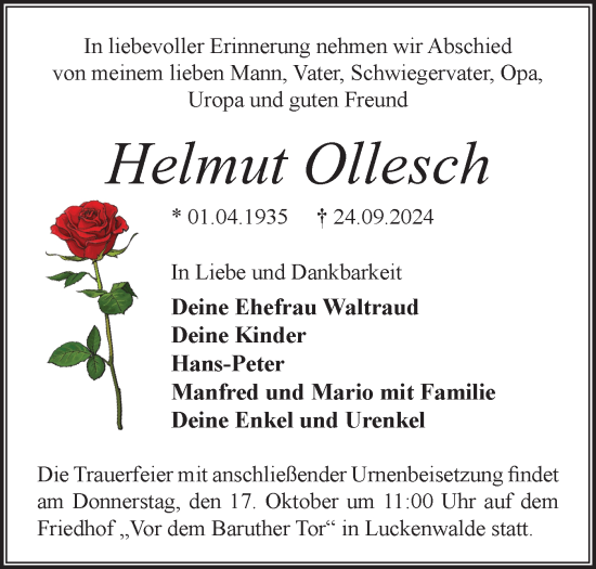 Traueranzeige von Helmut Ollesch von Märkische Oderzeitung