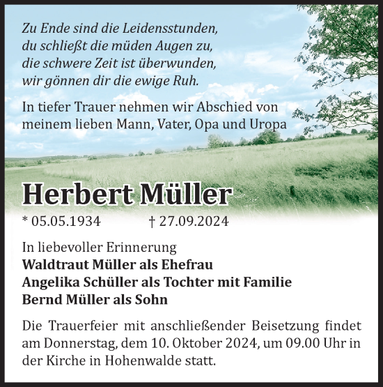 Traueranzeige von Herbert Müller von Märkische Oderzeitung