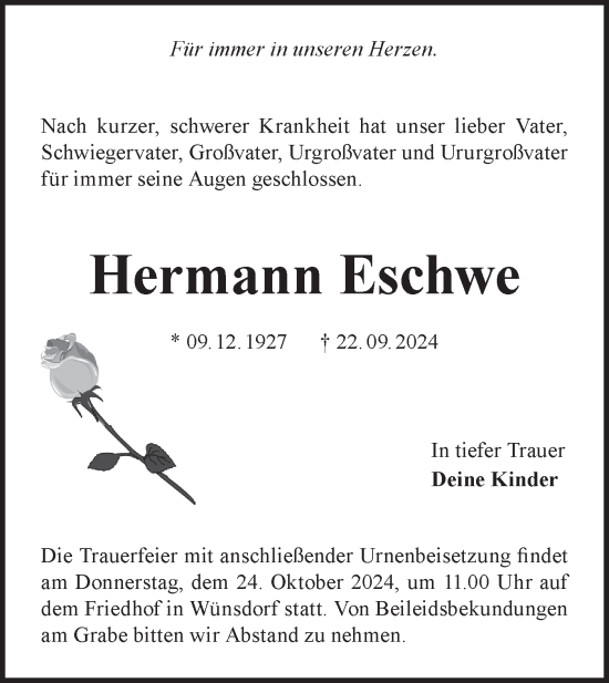 Traueranzeige von Hermann Eschwe von Märkische Oderzeitung