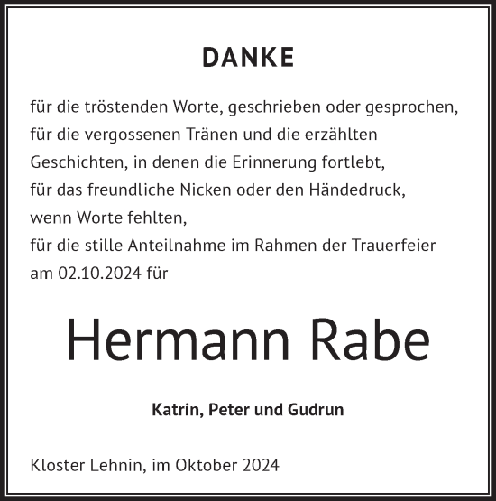 Traueranzeige von Hermann Rabe von Märkische Oderzeitung