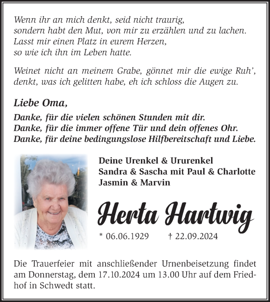 Traueranzeige von Herta Hartwig von Märkische Oderzeitung