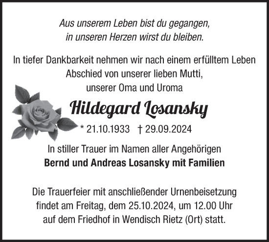 Traueranzeige von Hildegard Losansky von Märkische Oderzeitung