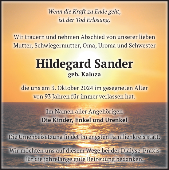 Traueranzeige von Hildegard Sander von Märkische Oderzeitung