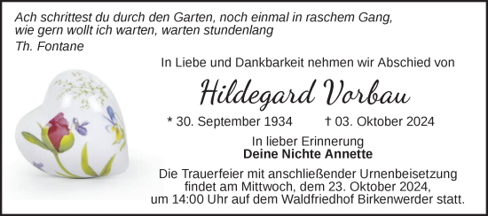 Traueranzeige von Hildegard Vorbau von Märkische Oderzeitung