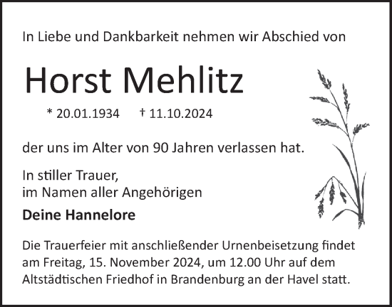 Traueranzeige von Horst Mehlitz von Märkische Oderzeitung