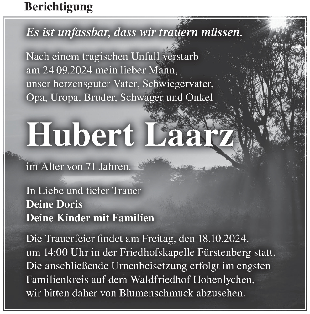  Traueranzeige für Hubert Laarz vom 05.10.2024 aus Märkische Oderzeitung