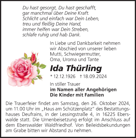 Traueranzeige von Ida Thürling von Märkische Oderzeitung