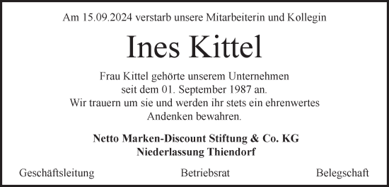 Traueranzeige von Ines Kittel von Märkische Oderzeitung