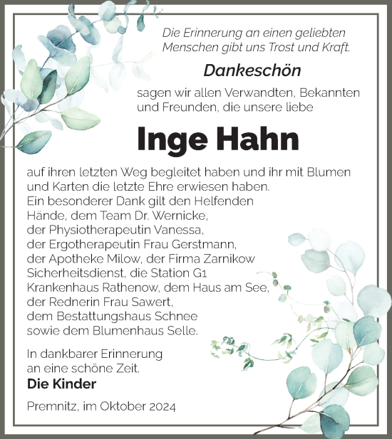 Traueranzeige von Inge Hahn von Märkische Oderzeitung