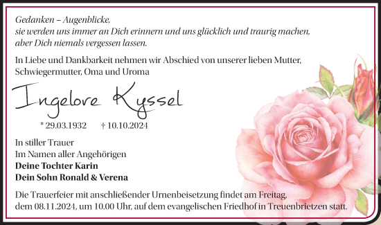 Traueranzeige von Ingelore Kyssel von Märkische Oderzeitung