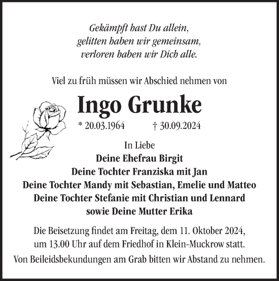 Traueranzeige von Ingo Grunke von Märkische Oderzeitung