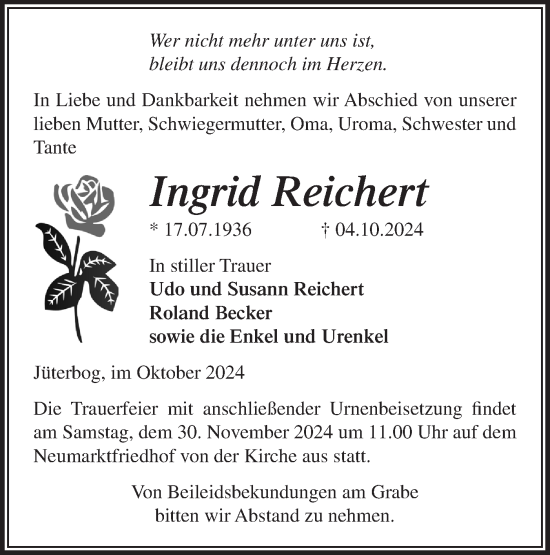 Traueranzeige von Ingrid Reichert von Märkische Oderzeitung