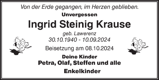 Traueranzeige von Ingrid Steinig Krause von Märkische Oderzeitung