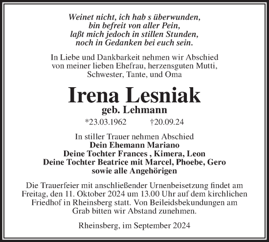 Traueranzeige von Irena Lesniak von Märkische Oderzeitung