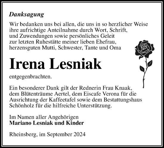 Traueranzeige von Irena Lesniak von Märkische Oderzeitung