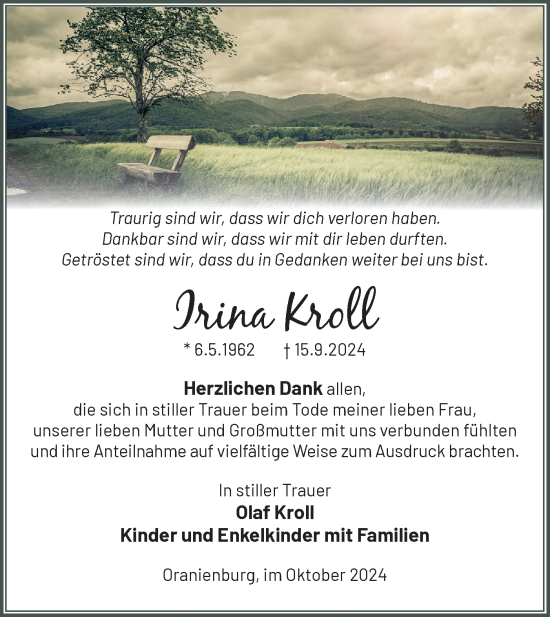 Traueranzeige von Irina Kroll von Märkische Oderzeitung