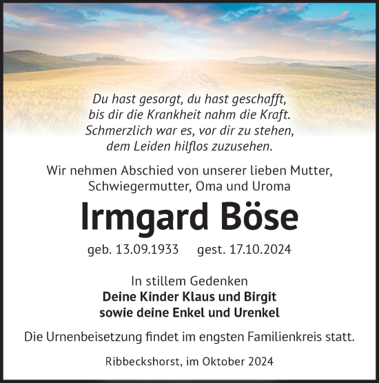 Traueranzeige von Irmgard Böse von Märkische Oderzeitung